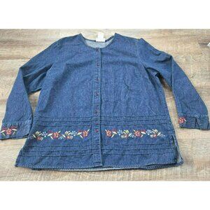 Blair Jean button up top Women's size Large Cotton with Embroidery flowers denim